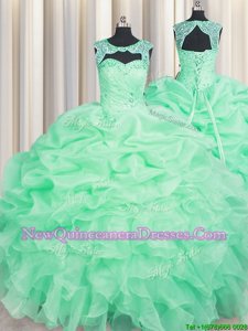 Nice Scoop Beading and Pick Ups Quinceanera Gowns Apple Green Lace Up Sleeveless Floor Length