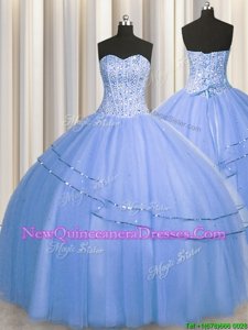 Traditional Visible Boning Big Puffy Light Blue Ball Gowns Tulle Sweetheart Sleeveless Beading Floor Length Lace Up Ball Gown Prom Dress