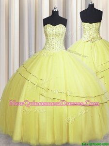 Trendy Visible Boning Really Puffy Sleeveless Tulle Floor Length Lace Up Sweet 16 Quinceanera Dress inLight Yellow withBeading