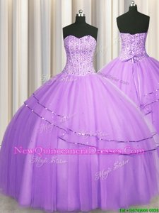 Fabulous Visible Boning Puffy Skirt Floor Length Lavender Sweet 16 Quinceanera Dress Sweetheart Sleeveless Lace Up