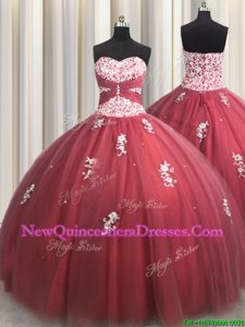 Fitting Sweetheart Sleeveless 15th Birthday Dress Floor Length Beading and Appliques Wine Red Tulle