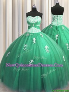 Traditional Floor Length Turquoise Quinceanera Dress Tulle Sleeveless Spring and Summer and Fall and Winter Beading and Appliques