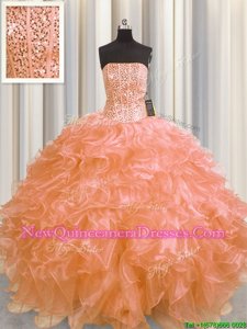 Custom Made Visible Boning Sleeveless Organza Floor Length Lace Up Quinceanera Gowns inOrange withBeading and Ruffles