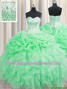 Glittering Pick Ups Visible Boning Floor Length Apple Green Quince Ball Gowns Sweetheart Sleeveless Lace Up