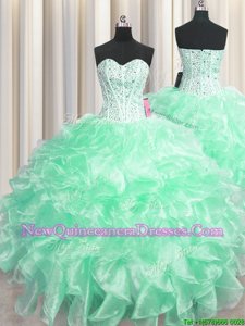 Fantastic Visible Boning Ball Gowns Sweet 16 Dresses Apple Green Sweetheart Organza Sleeveless Floor Length Zipper