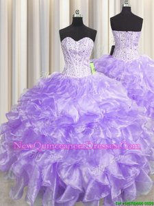 Custom Designed Visible Boning Zipper Up Lavender Organza Zipper Sweet 16 Quinceanera Dress Sleeveless Floor Length Beading and Ruffles