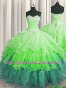 Top Selling Multi-color Ball Gowns Organza Sweetheart Sleeveless Beading and Ruffles and Ruffled Layers and Sequins Floor Length Lace Up Ball Gown Prom Dress