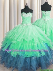 Flirting Multi-color Sleeveless Floor Length Beading and Ruffles and Ruffled Layers and Sequins Lace Up Quinceanera Dress