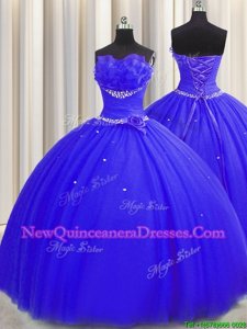 Spectacular Handcrafted Flower Royal Blue Strapless Neckline Beading and Ruching and Hand Made Flower Ball Gown Prom Dress Sleeveless Lace Up