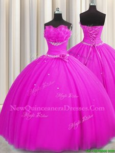 Luxury Handcrafted Flower Fuchsia Sleeveless Tulle Lace Up Quinceanera Dress for Military Ball and Sweet 16 and Quinceanera