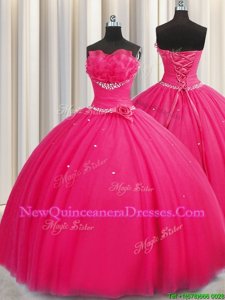 Custom Made Handcrafted Flower Hot Pink Sleeveless Beading and Sequins and Hand Made Flower Floor Length 15 Quinceanera Dress