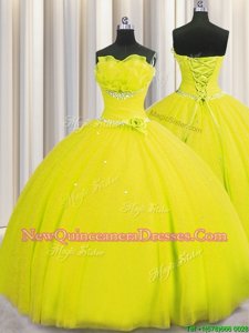 Noble Handcrafted Flower Yellow Ball Gowns Tulle Strapless Sleeveless Beading and Sequins and Hand Made Flower Floor Length Lace Up Sweet 16 Quinceanera Dress