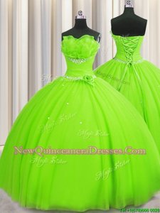 Graceful Handcrafted Flower Floor Length Spring Green Sweet 16 Dresses Strapless Sleeveless Lace Up