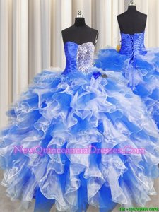 Most Popular Floor Length Blue And White Ball Gown Prom Dress Organza Sleeveless Spring and Summer and Fall and Winter Beading and Ruffles and Ruching