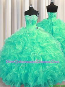 Luxurious Turquoise 15th Birthday Dress Organza Brush Train Sleeveless Spring and Summer and Fall and Winter Beading and Ruffles