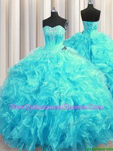 Latest Aqua Blue Quince Ball Gowns Military Ball and Sweet 16 and Quinceanera and For withBeading and Ruffles Sweetheart Sleeveless Brush Train Lace Up