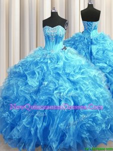 Edgy Sweep Train Ball Gowns Sweet 16 Quinceanera Dress Baby Blue Sweetheart Organza Sleeveless Lace Up