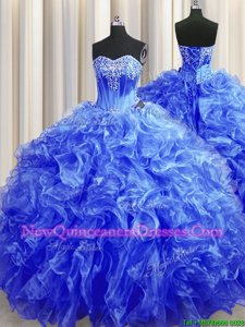 Royal Blue Organza Lace Up Vestidos de Quinceanera Sleeveless Sweep Train Beading and Ruffles