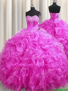 Sleeveless Organza Sweep Train Lace Up Sweet 16 Dresses inFuchsia withBeading and Ruffles