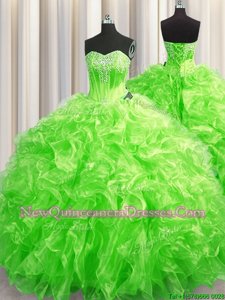 Stunning Spring Green Ball Gowns Beading and Ruffles Vestidos de Quinceanera Lace Up Organza Sleeveless