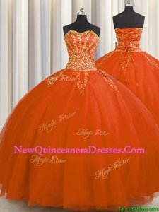 Pretty Really Puffy Orange Red Sleeveless Floor Length Beading Lace Up Ball Gown Prom Dress