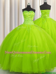 Cheap Big Puffy Floor Length Yellow Green 15 Quinceanera Dress Sweetheart Sleeveless Lace Up