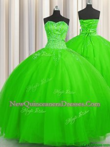 Graceful Puffy Skirt Sleeveless Floor Length Beading Lace Up Quinceanera Gown with Spring Green