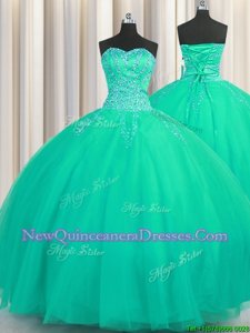 Enchanting Really Puffy Floor Length Turquoise Quinceanera Dress Tulle Sleeveless Spring and Summer and Fall and Winter Beading