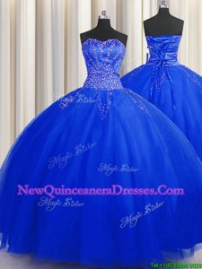 Designer Puffy Skirt Royal Blue Lace Up Sweetheart Beading Quince Ball Gowns Tulle Sleeveless