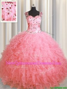 Fitting See Through Zipper Up Watermelon Red Ball Gowns Beading and Ruffles Quinceanera Dress Zipper Organza Sleeveless Floor Length