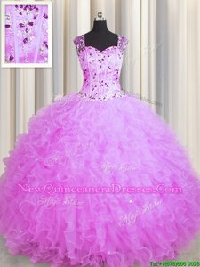 Glamorous See Through Zipper Up Lilac Organza Zipper Square Sleeveless Floor Length Quinceanera Dress Beading and Ruffles