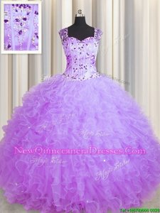 Modest See Through Zipper Up Purple Sleeveless Floor Length Beading and Ruffles Zipper Ball Gown Prom Dress