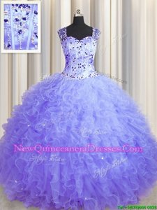 Smart See Through Zipper Up Sleeveless Floor Length Beading and Ruffles Zipper Vestidos de Quinceanera with Lavender