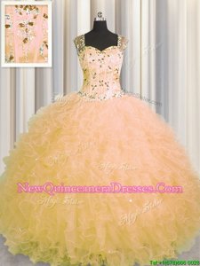 See Through Zipper Up Spring and Summer and Fall and Winter Tulle Sleeveless Floor Length Quinceanera Gown andBeading and Ruffles