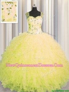 Elegant See Through Zipper Up Tulle Straps Sleeveless Zipper Beading and Ruffles Quinceanera Dress inYellow