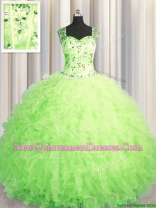 Wonderful See Through Zipper Up Floor Length Green 15th Birthday Dress Straps Sleeveless Zipper