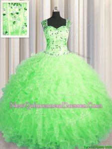 Pretty See Through Zipper Up Floor Length Spring Green Sweet 16 Dress Tulle Sleeveless Spring and Summer and Fall and Winter Beading and Ruffles