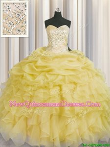 Light Yellow Sleeveless Floor Length Beading and Ruffles Lace Up Sweet 16 Quinceanera Dress