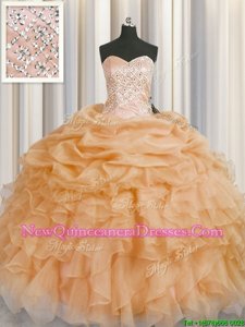 Fancy Floor Length Gold Quinceanera Gown Organza Sleeveless Spring and Summer and Fall and Winter Beading and Ruffles