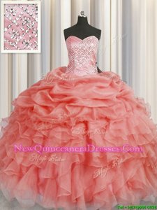 Watermelon Red Sweet 16 Dresses Military Ball and Sweet 16 and Quinceanera and For withBeading and Ruffles Sweetheart Sleeveless Lace Up