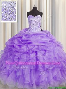 Top Selling Organza Sweetheart Sleeveless Lace Up Beading and Ruffles Quince Ball Gowns inLavender