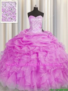 Elegant Lilac Sleeveless Floor Length Beading and Ruffles Lace Up Quinceanera Gowns