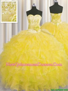 Traditional Handcrafted Flower Ball Gowns 15th Birthday Dress Gold Sweetheart Organza Sleeveless Floor Length Lace Up