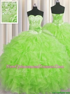 Custom Design Handcrafted Flower Spring Green Sweetheart Neckline Beading and Ruffles and Hand Made Flower Quinceanera Dresses Sleeveless Lace Up