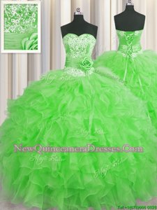 Deluxe Handcrafted Flower Floor Length Ball Gowns Sleeveless Green 15th Birthday Dress Lace Up