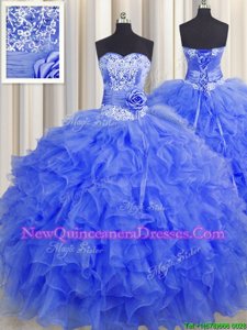 Fashionable Handcrafted Flower Royal Blue Organza Lace Up Sweetheart Sleeveless Floor Length Quinceanera Dresses Beading and Ruffles and Hand Made Flower