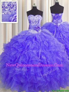 High Class Handcrafted Flower Lavender Sleeveless Floor Length Beading and Ruffles and Hand Made Flower Lace Up 15th Birthday Dress