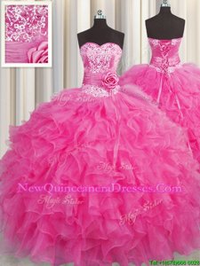 Discount Handcrafted Flower Hot Pink Organza Lace Up 15th Birthday Dress Sleeveless Floor Length Beading and Ruffles