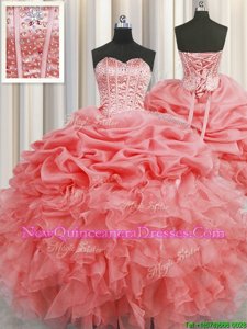 Fitting Visible Boning Sweetheart Sleeveless Sweet 16 Dresses Floor Length Beading and Ruffles and Pick Ups Watermelon Red Organza