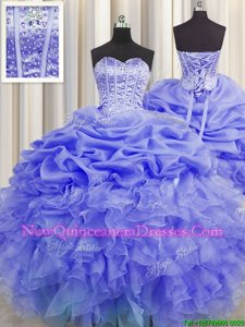 Stunning Visible Boning Organza Sweetheart Sleeveless Lace Up Beading and Ruffles and Pick Ups Vestidos de Quinceanera inPurple